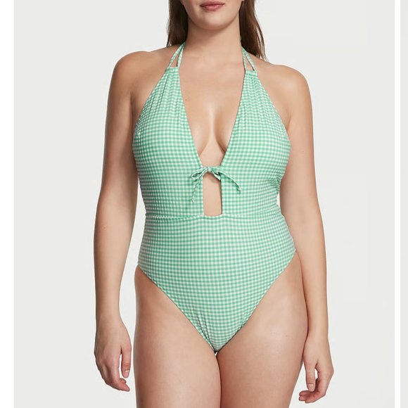 Victoria's Secret Green Gingham Plunge One-Piece Swimsuit - Picture 1 of 5